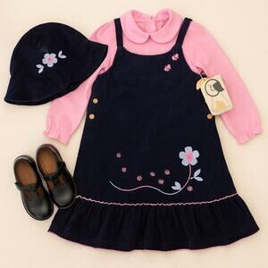 Little Bitty Navy Corduroy Jumper Dress, Pink Top, and Hat Set | Girls 6X NWT